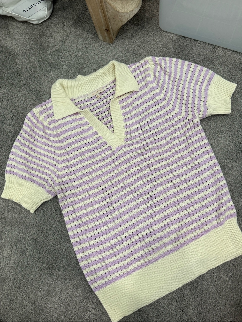Skies Are Blue Lavender and Cream Short Sleeve Knit Polo Sweater